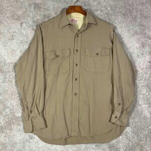 VTG 50s Creighton Military Style Khaki Button Down Shirt Rayon Nylon Tan Mens